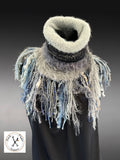 Artisan knit turtleneck scarf, Textured Boho Knit Neck Warmer with Statement Fringe