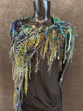 Poncholette in blue green, Boho hippie fringed shoulder wrap