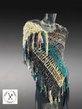 Boho artistic handmade poncho with fringe in teal green yellow shades, statement fashion shawl