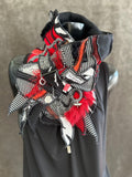 Boho couture fabric scarf, free form scarf, couture black red scarf