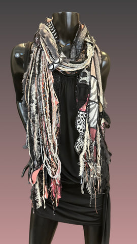 Lightweight black gray pink couture refashion fabric plus art yarn Scarf, Shreds Fringie scarf, street style scarves, upcycled clothing