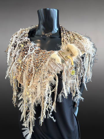 Knit beige beige yellow Cowl with fringe and clasp, cowgirl style , boho style scarf