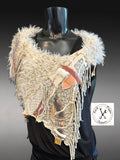 Luxury women poncho, Fur poncholette, Knit fringed winter white cowl with fringe