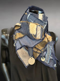 Upcycled couture neck cowl scarf in navy olive jean, boho eco-friendly scarves