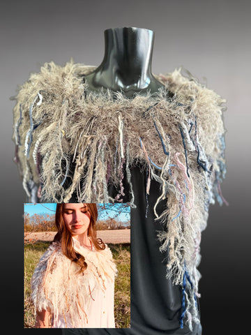 Knit Fur Taupe poncholette, Fringed shoulder wrap with faux fur, luxury fur knit capulet,