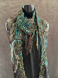 Lightweight knit teal fringed scarf, bohemian jewel tone triangle -shape Scarf, ribbon knit scarf