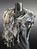 Knit Black White poncholette with fringe and animal prints, couture fashion