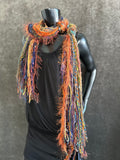 Handmade Mardi Gras color fringe scarf with art yarns, Boho fringe scarf