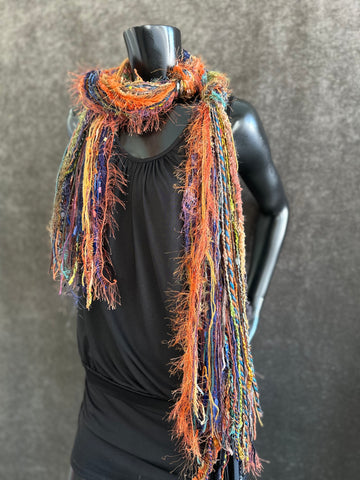 Handmade Mardi Gras color fringe scarf with art yarns, Boho fringe scarf