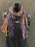 Eclectic bohemian style scarf in purple navy jewel tone , Fringe Scarf, boho chic, fantasy rainbow scarf, tribal