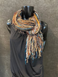 Fringie boho style scarf in aqua tan rust, Bohemian funky scarves, cowgirl style