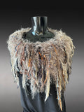 Boho chic Fur Taupe poncholette, Fringed shoulder wrap with faux fur, luxury fur knit capulet,