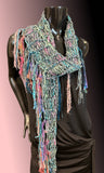 Lightweight knit mint pink scarf, bohemian jewel tone triangle -shape Scarf, ribbon knit scarf