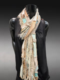 Bohemian long Boho eco-friendly Scarf, Whimsical fiber fringe scarf, tribal scarves, cream aqua fashion