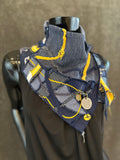 Upcycled couture neck cowl scarf in navy yellow jean boho hippie eco-friendly scarves, fabric neckwarmer