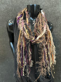 Fringie boho style scarf in tan purple, Bohemian funky scarves, cowgirl style