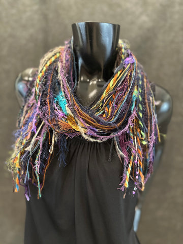 Art yarn scarf, Fringie in purple rainbow Jewel tones, Fringe Scarf, Stevie nicks style, boho chic, funky scarf, hippie fashion