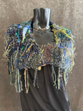 Knit blue green merino Cowl with fringe and buttons, boho style clothing