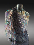 Boho artistic handmade poncho with fringe in teal green shades, statement fashion shawl