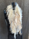 Knit Fur Ivory with blue poncholette, Fringed shoulder wrap with faux fur, luxury fur knit capulet,