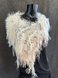 Knit Fur Ivory with blue poncholette, Fringed shoulder wrap with faux fur, luxury fur knit capulet,