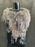 Knit Fur Taupe poncholette, Fringed shoulder wrap with faux fur, luxury fur knit capulet,