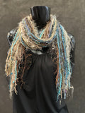 Boho chic Scarf, aqua blue beige cream luxury art yarn Scarf, scrappy art scarf