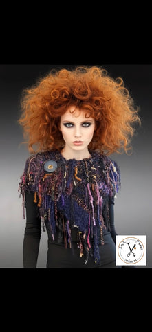 Boho Art Yarn Fringe Cowl – Hand-Knit Statement Neck Warmer in Deep Blues & Jewel Tones