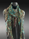 Lightweight knit teal fringed scarf, bohemian jewel tone triangle -shape Scarf, ribbon knit scarf