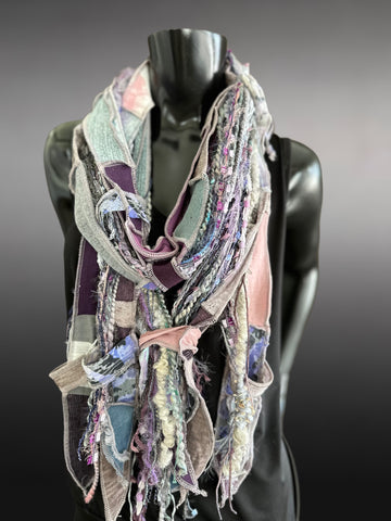 Shreds Fringie Scarf, boho style scarf, gray lavendar scarf