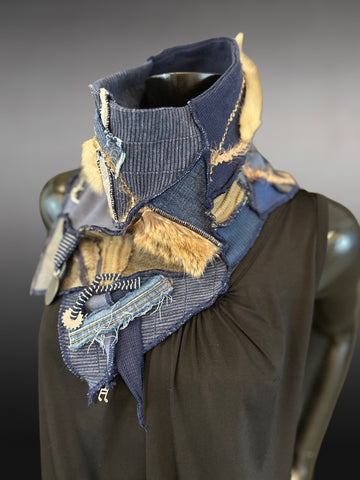 Upcycled couture neck cowl scarf in navy olive jean, boho eco-friendly scarves