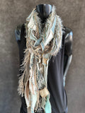 Lightweight Boho art Scarf, Shreds refashion scarf, nature inspired fashion, olive sage cream