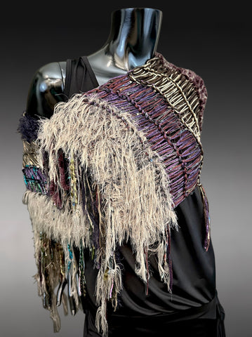 Knit boho poncho, knit wrap pull-over, taupe teal brown shoulder wrap