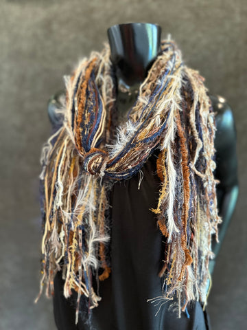 Bohemian style Scarf, Blue Rust Tan handmade Scarf, boho fashion scarf, funky scarf
