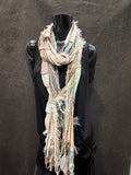 Bohemian long Boho eco-friendly Scarf, Whimsical fiber fringe scarf, tribal scarves, cream aqua fashion