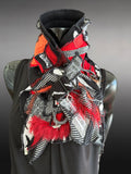 Boho couture fabric scarf, free form scarf, couture black red scarf