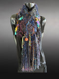 Hand knit Boho knit fringed scarf in jewel tones