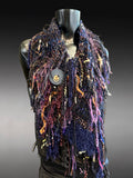 Boho Art Yarn Fringe Cowl – Hand-Knit Statement Neck Warmer in Deep Blues & Jewel Tones