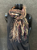 Fringie boho style scarf in tan purple, Bohemian funky scarves, cowgirl style