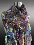 Hand knit Boho knit fringed scarf in jewel tones