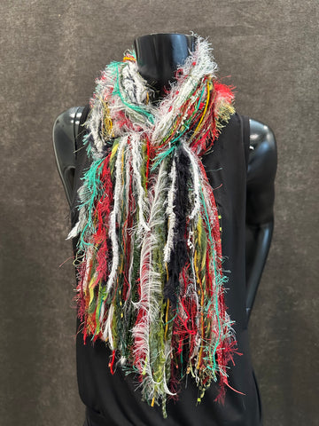 Christmas Color Fringie art yarn Scarf, red, green, lime, white glitzy yarns, secret Santa gift, ugly sweater
