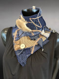 Upcycled couture neck cowl scarf in navy olive jean, boho eco-friendly scarves