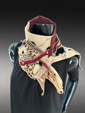 Upcycled couture neck cowl scarf in red black beige, boho chic post apocalyptic, deconstruct clothing