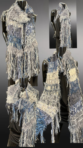 Fringed artistic gray blue scarf, boho hippie, Stevie nicks style
