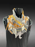 Avant Garde neck cowl scarf in mustard yellow and gray, couture boho chic scarf, upcycled fabric cowls
