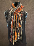 Boho style long scarf in black rust neutrals, biker scarf, cowgirl fashion indie accessories