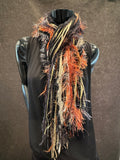 Boho style long scarf in black rust neutrals, biker scarf, cowgirl fashion indie accessories