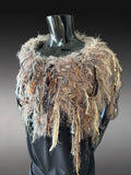 Boho chic Fur Taupe poncholette, Fringed shoulder wrap with faux fur, luxury fur knit capulet,