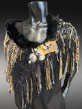 Hand knit avant garde shoulder wrap with clasp and fur collar, cosplay fashion