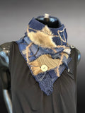 Upcycled couture neck cowl scarf in navy olive jean, boho eco-friendly scarves